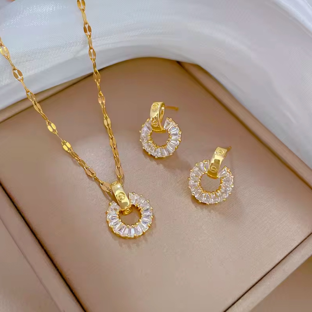 Round Gold 18k Stainless Steel Necklace And Earrings